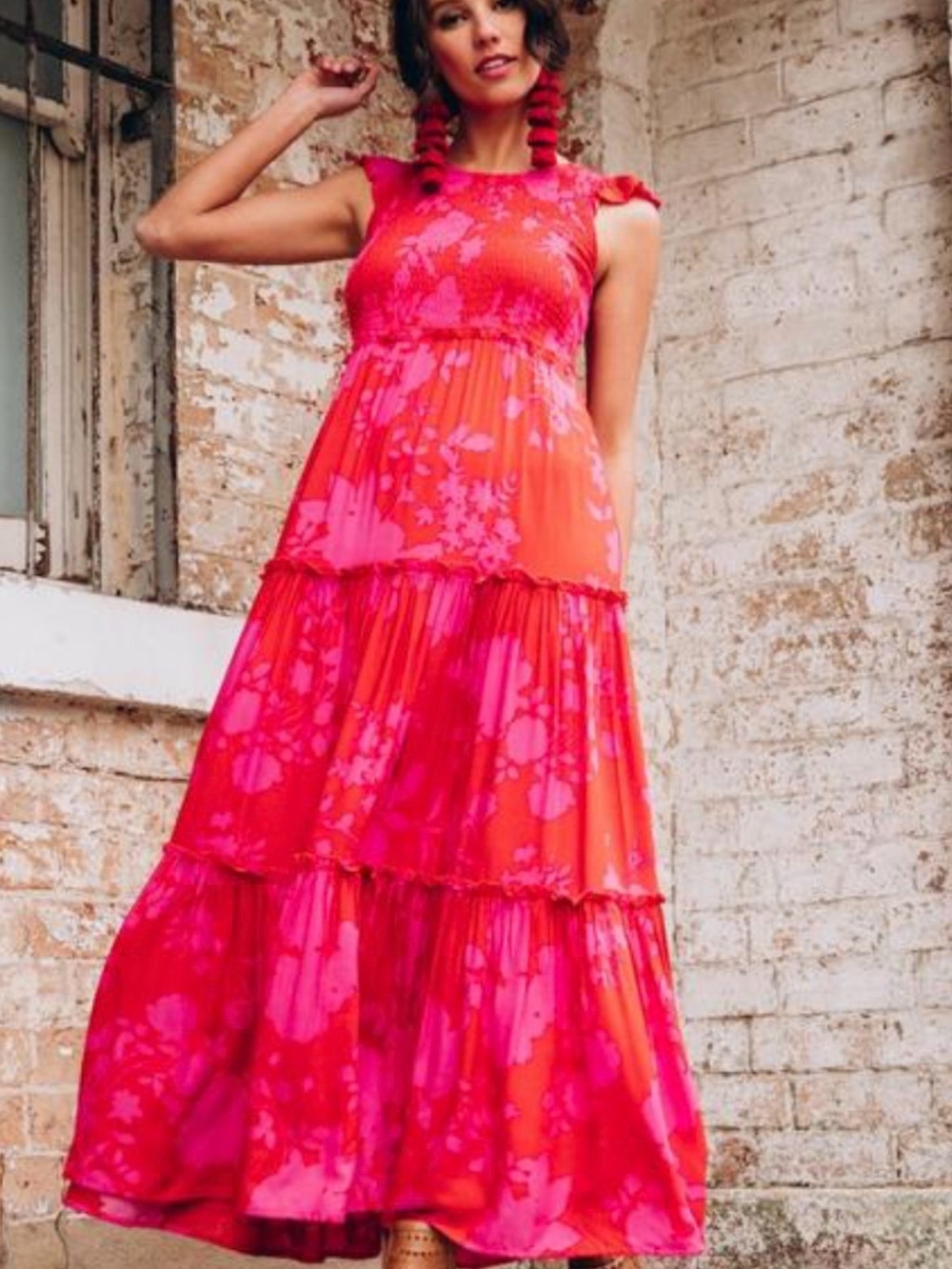 Women’s anthro floral  smocked bodice tiered Maxi Dress sleeveless pink red XS